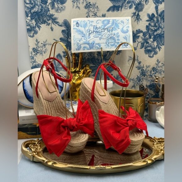 🆕 LOEFFLER RANDALL 🧿 NWOB Angelina Red Moiré Bow Wedge Espadrille, Sz 7 - Picture 2 of 16